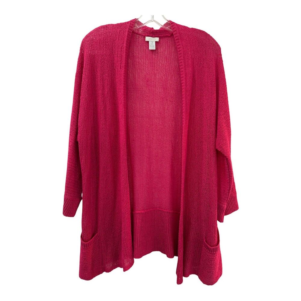 Chicos Linen Blend Open Cardigan Sweater Size XL Pink Textured Coastal Beach